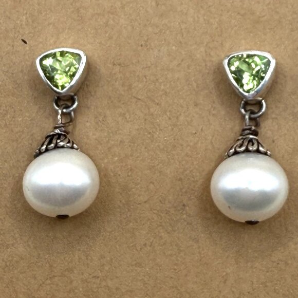 Jewelry - Sterling Silver Green Peridot White Pearl Drop Earrings 925 Pierced Posts